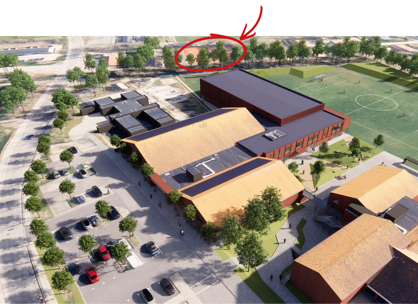 Luftfoto af hallen og boldbanerne i Solbjerg, hvor tennisbanerne er markeret